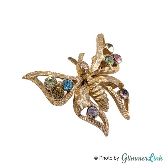 Vintage Butterfly Multicolor Pastel Rhinestone Dainty Figural Gold Tone Brooch - Picture 2 of 8